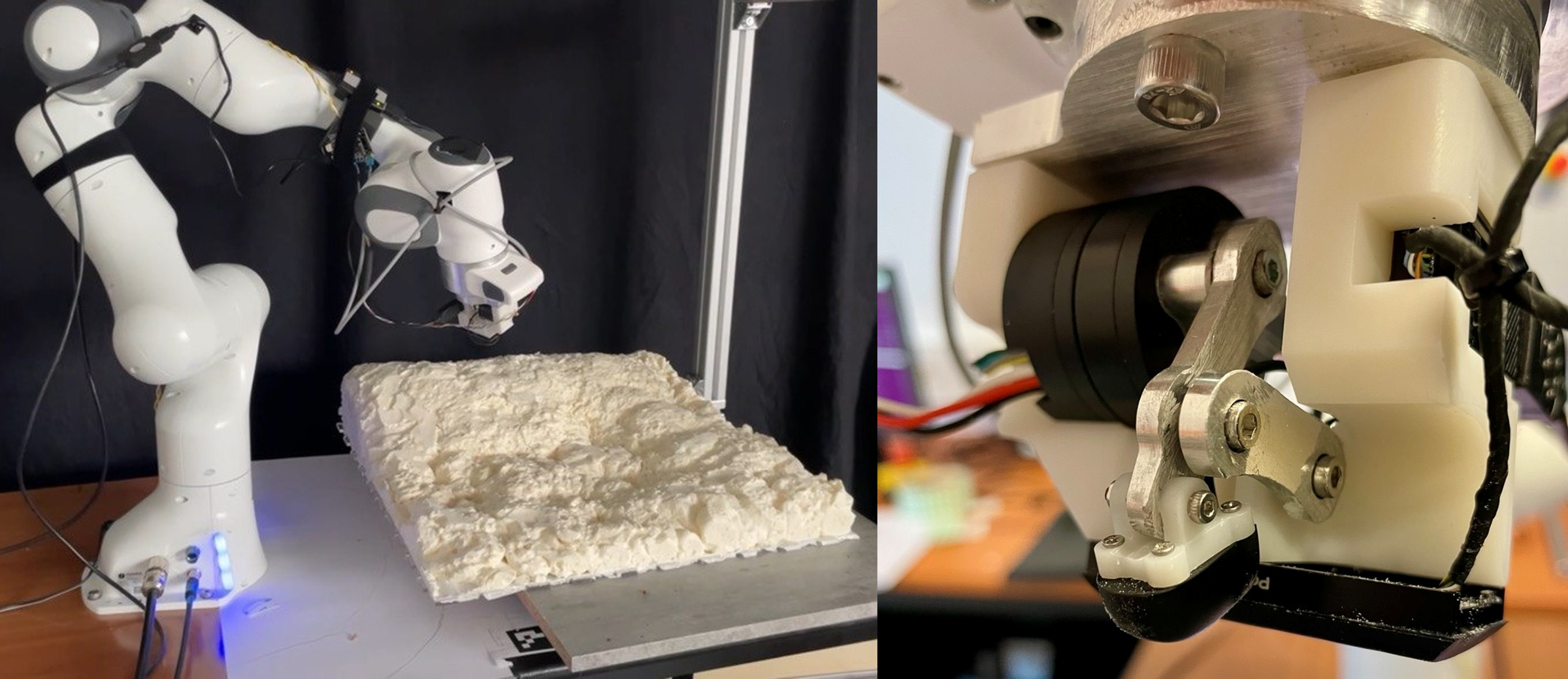 A Franka Panda arm probing a textured white terrain map, and a close-up of the end-effector with its compliant four-bar finger