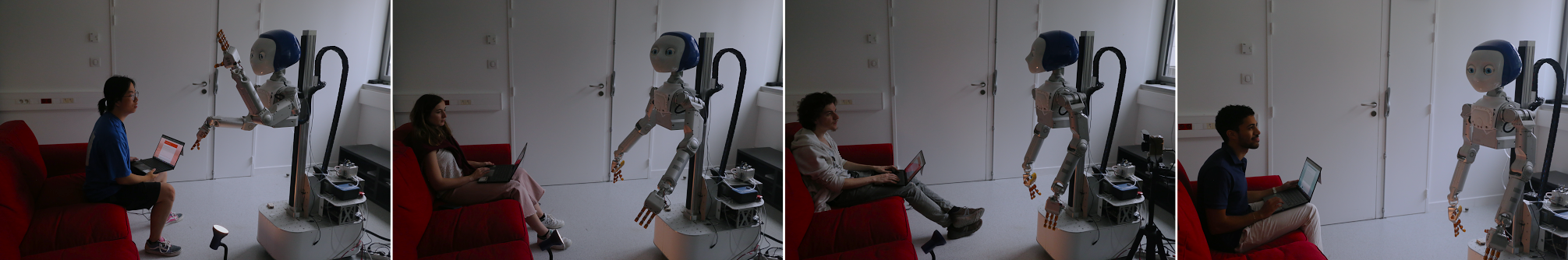 Wide photograph of several participants sitting in a living-room-like room taking part in the emotion recognition experiment with the robot.