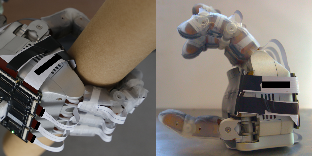 Two photos of a robot hand covered in the tactile glove: left gripping a cardboard tube with the readout board and flat cables visible, right a side view of the hand.