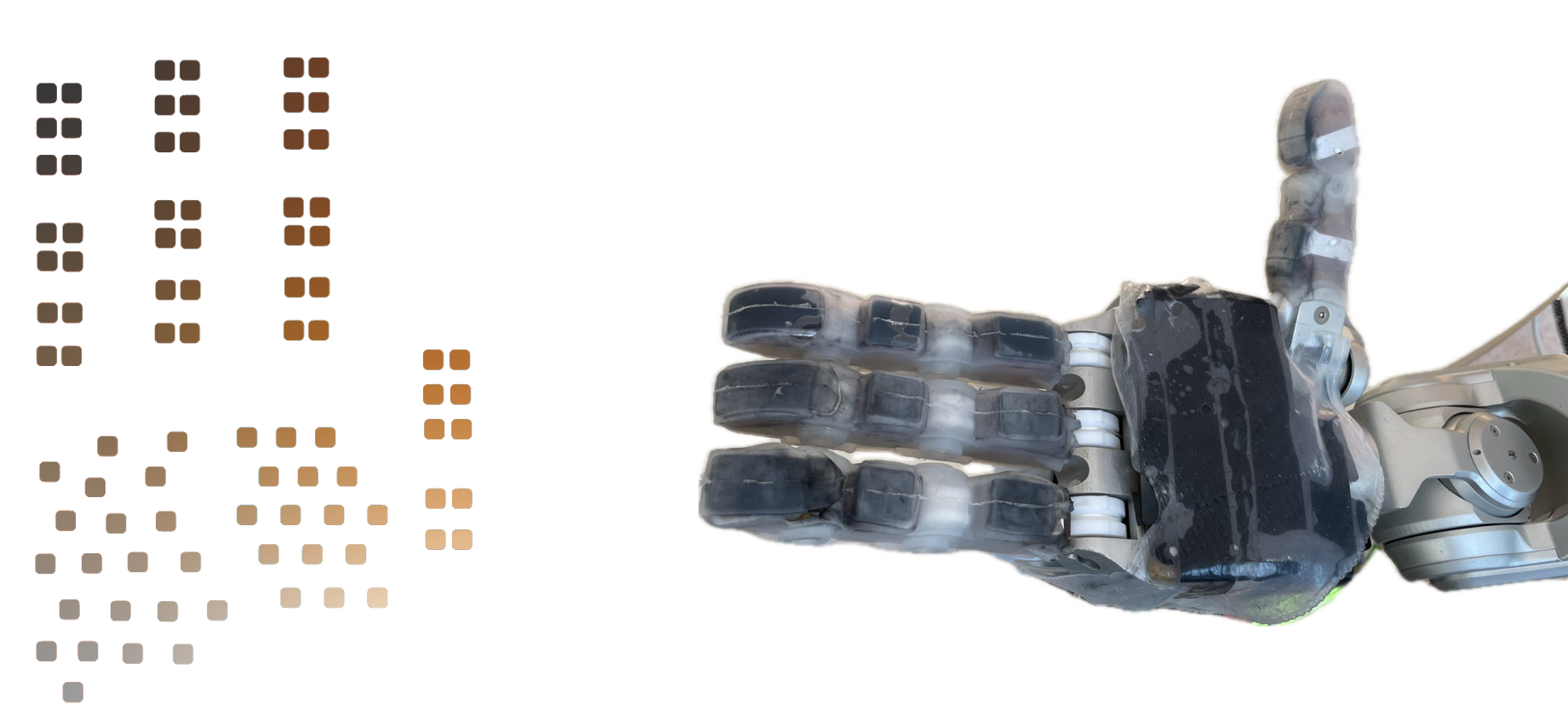 Left, the layout of the 90 pressure sensors drawn as small rectangles grouped by finger and palm; right, the assembled tactile glove on the robot hand.