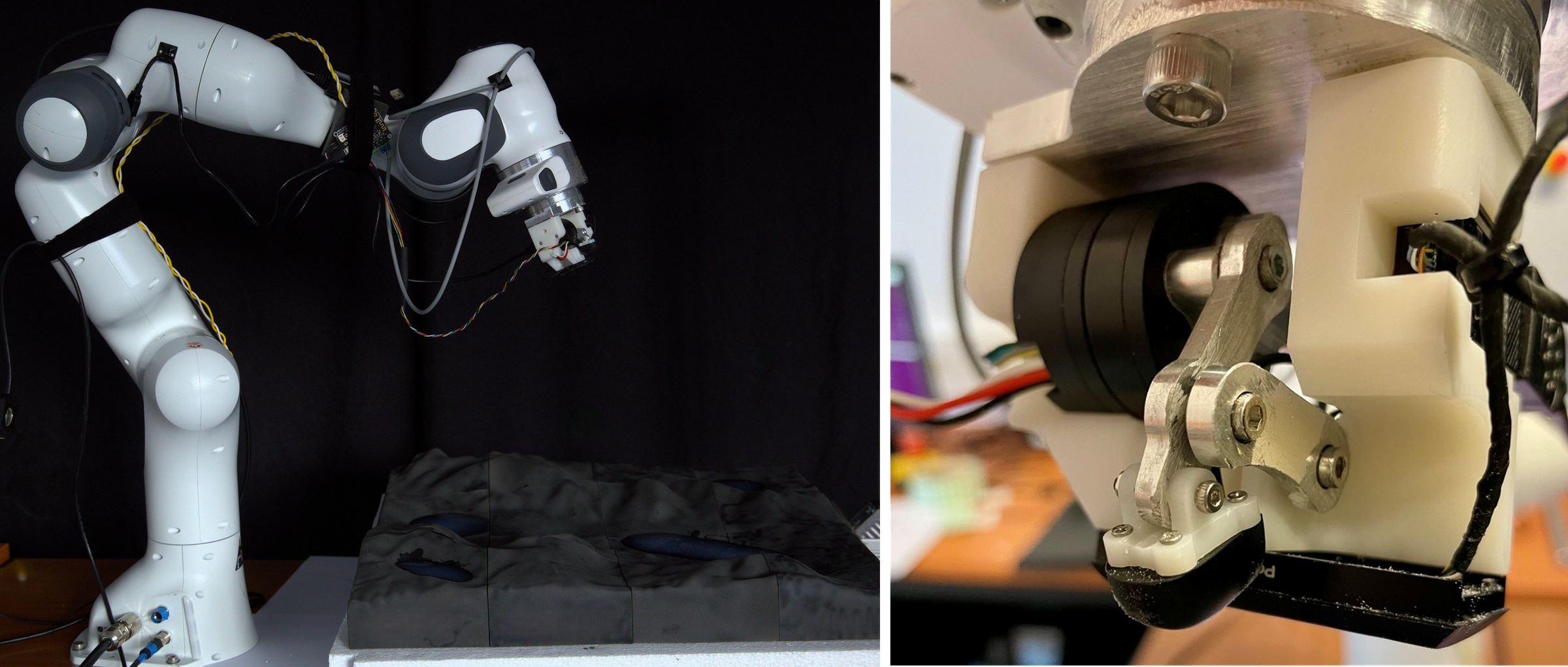 A Franka Panda arm above a textured terrain map, and a close-up of the end-effector with the compliant four-bar finger beside the flat tactile pad